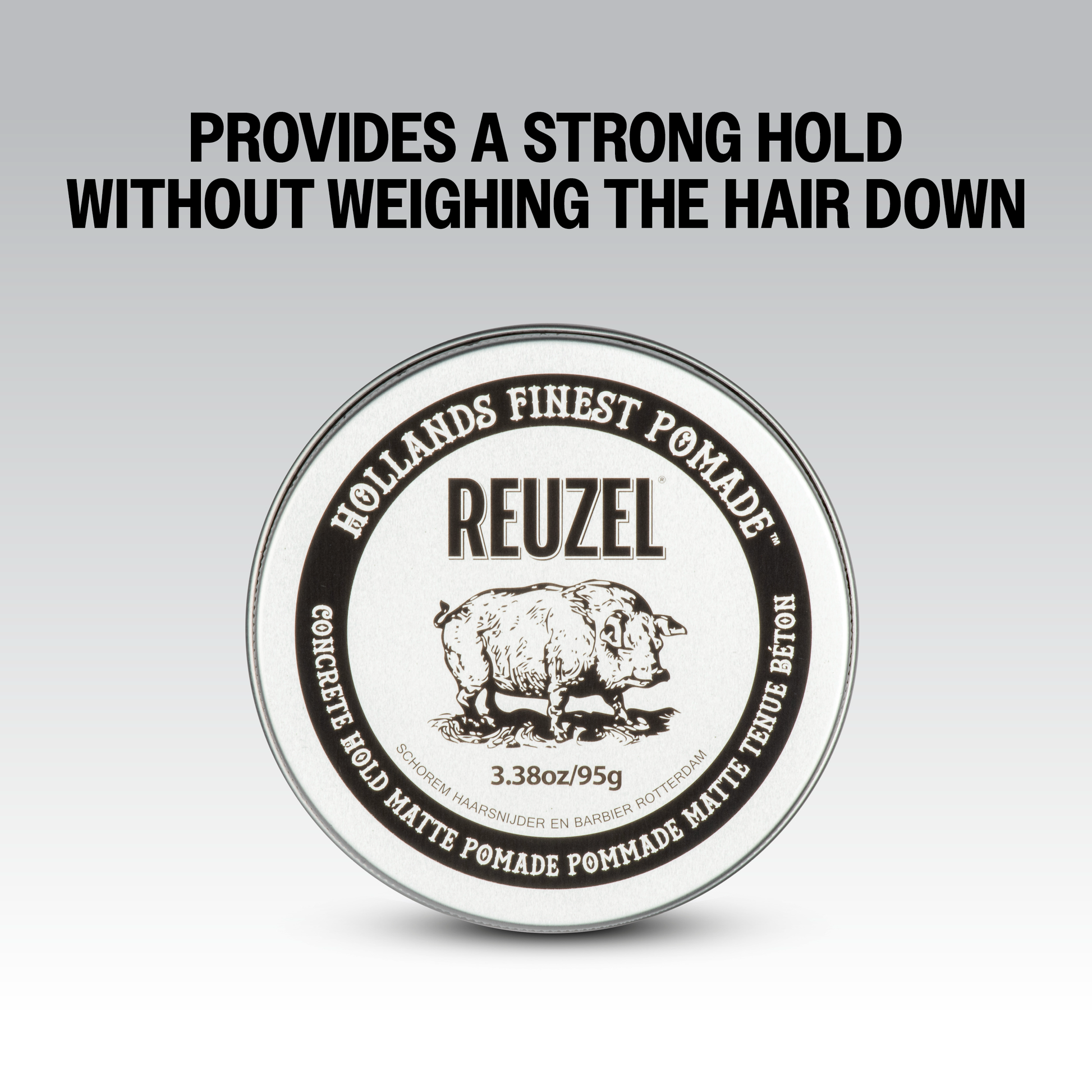 Reuzel Deutschland Concrete Hold Matte Pomade jar with black label and silver lid, showcasing the product container.