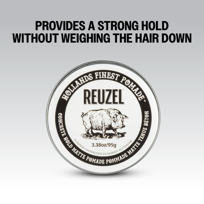 Reuzel Deutschland Concrete Hold Matte Pomade jar with black label and silver lid, showcasing the product container.