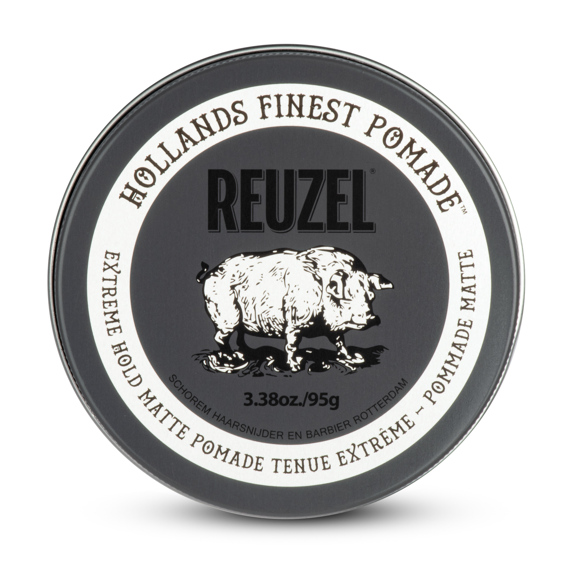 Reuzel Deutschland Extreme Hold Matte Pomade jar with black label and white lid, showcasing the product on a plain background.
