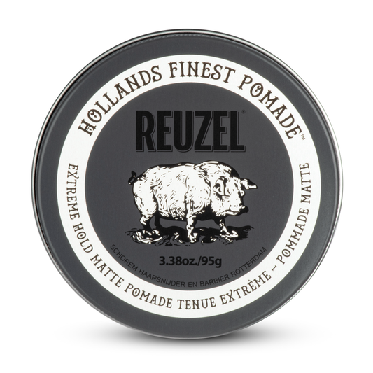 Reuzel Deutschland Extreme Hold Matte Pomade jar with black label and white lid, showcasing the product on a plain background.