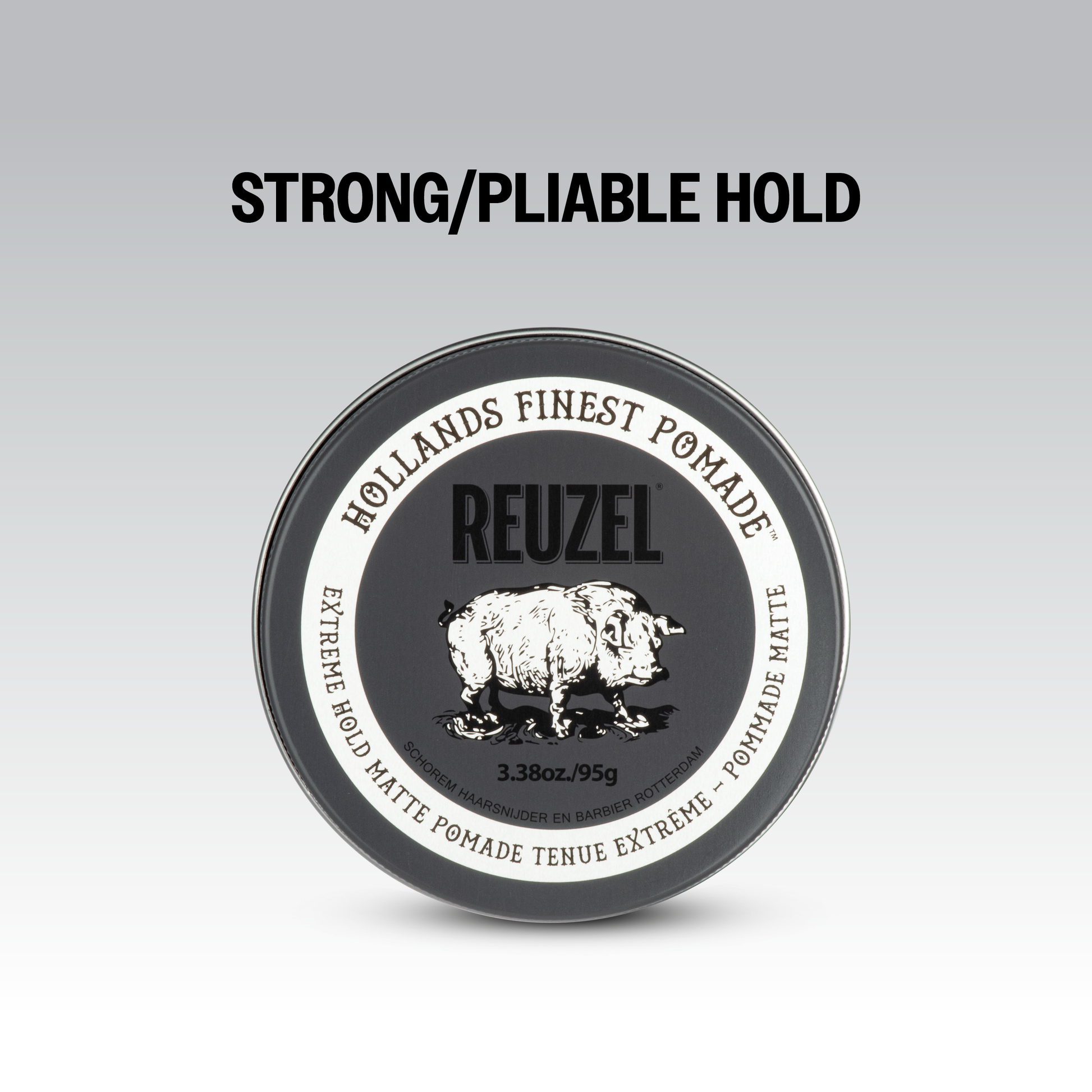 Reuzel Deutschland Extreme Hold Matte Pomade jar with black label and silver lid, showing the product's matte finish and branding.