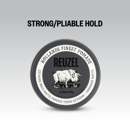 Reuzel Deutschland Extreme Hold Matte Pomade jar with black label and silver lid, showing the product's matte finish and branding.