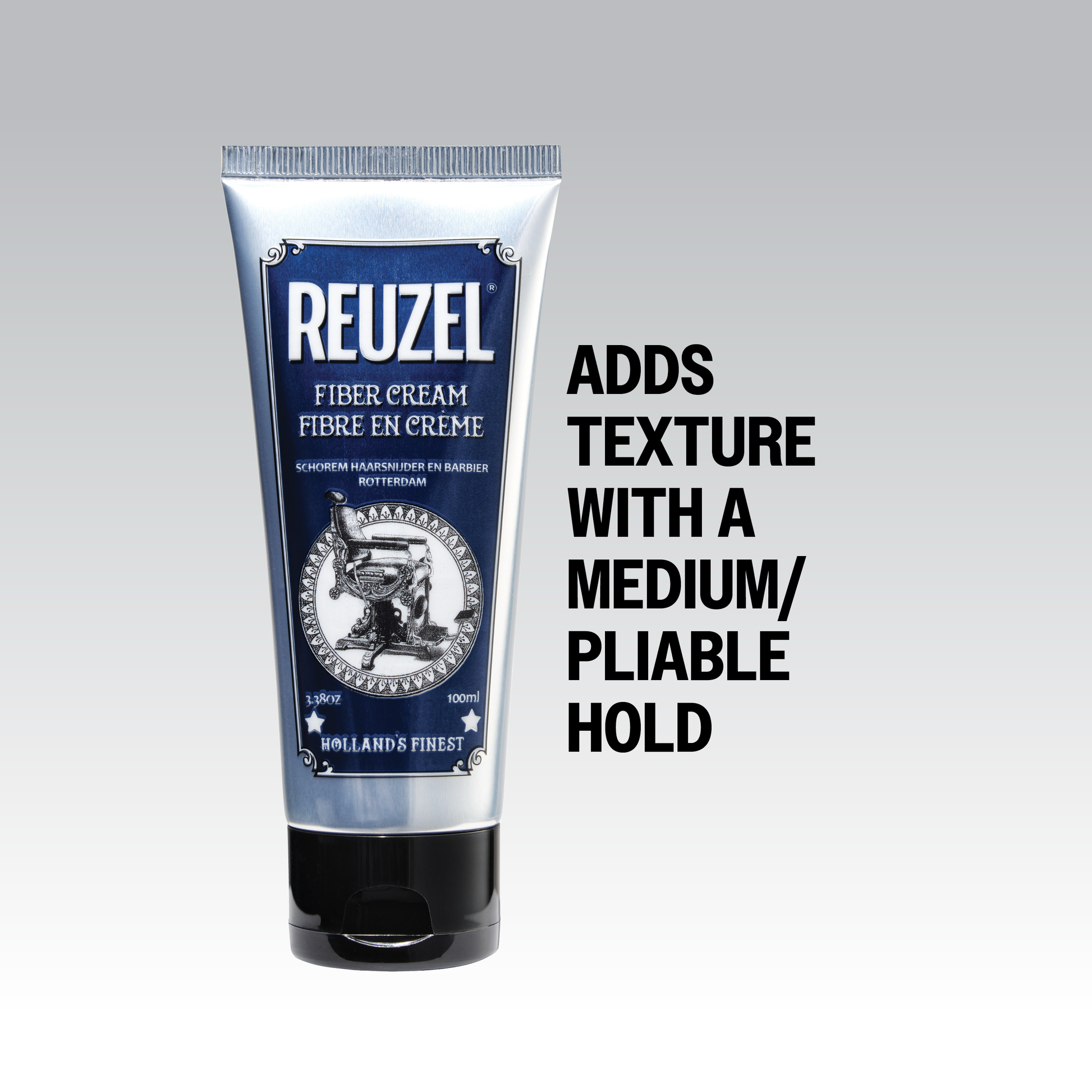 Reuzel Deutschland Fiber Cream hair styling product in a jar, showing the creamy texture and packaging for strong hold and texture.