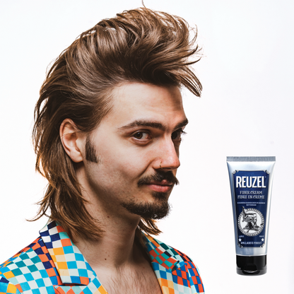 Reuzel Deutschland Fiber Cream hair styling product in a jar, showing the creamy texture and packaging for textured, flexible hair hold