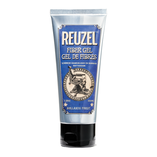 Reuzel Deutschland Fiber Gel for hair styling, showing the gel container with the product label and a close-up of the gel texture.