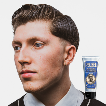 Reuzel Deutschland Fiber Gel for hair styling, showing a jar of thick gel with a professional label and styling texture.