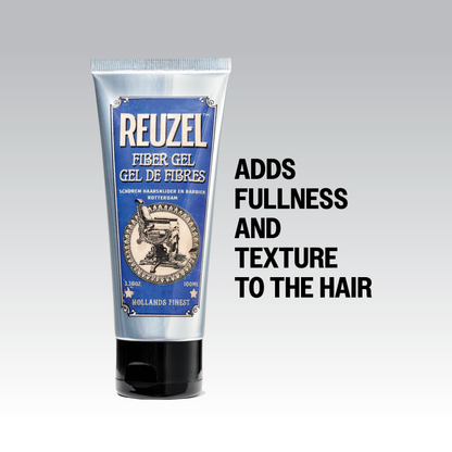 Reuzel Deutschland Fiber Gel for hair styling, showcasing the gel's texture and packaging in a clean, professional display image.