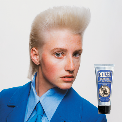 Reuzel Deutschland Fiber Gel hair styling product in a jar, showcasing its thick, textured gel for strong hold and styling.