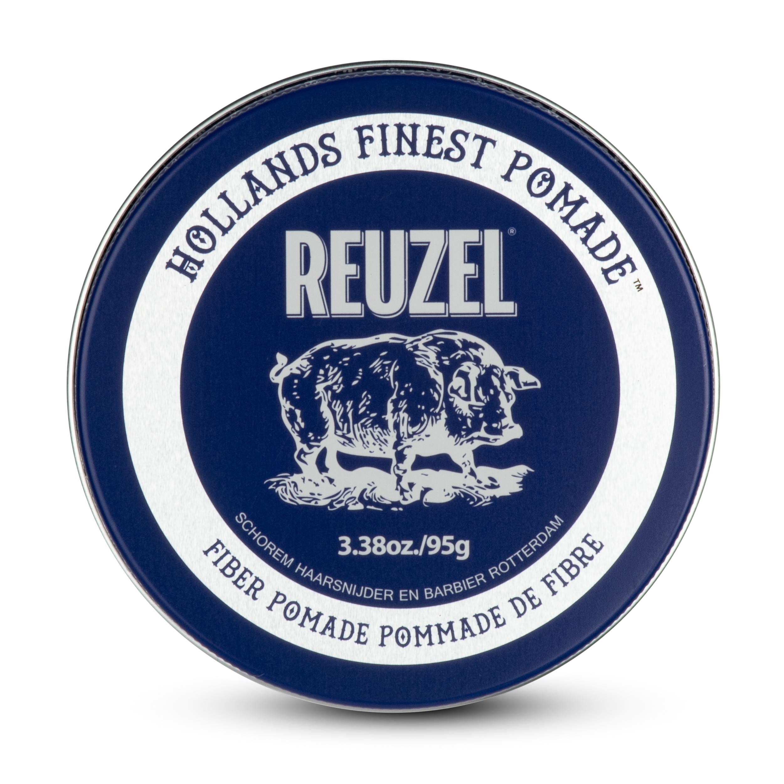 Reuzel Fiber Pomade in a jar, showcasing the hair styling product with a sleek design and branding label.