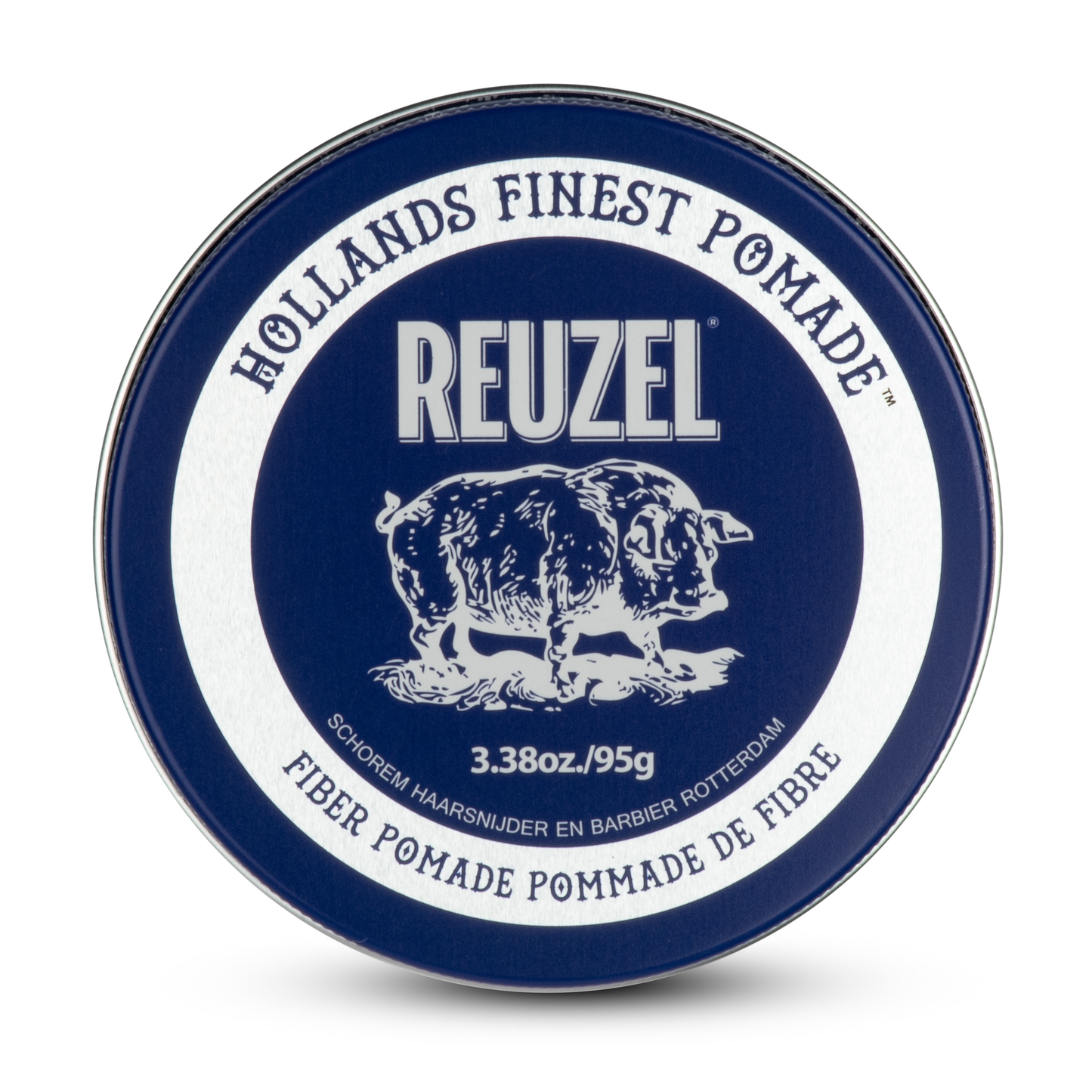 Reuzel Fiber Pomade in a jar, showcasing the hair styling product with a sleek design and branding label.