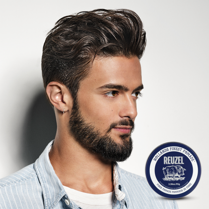 Reuzel Fiber Pomade jar with black lid and label, showcasing the grooming product for textured, flexible hairstyle hold.