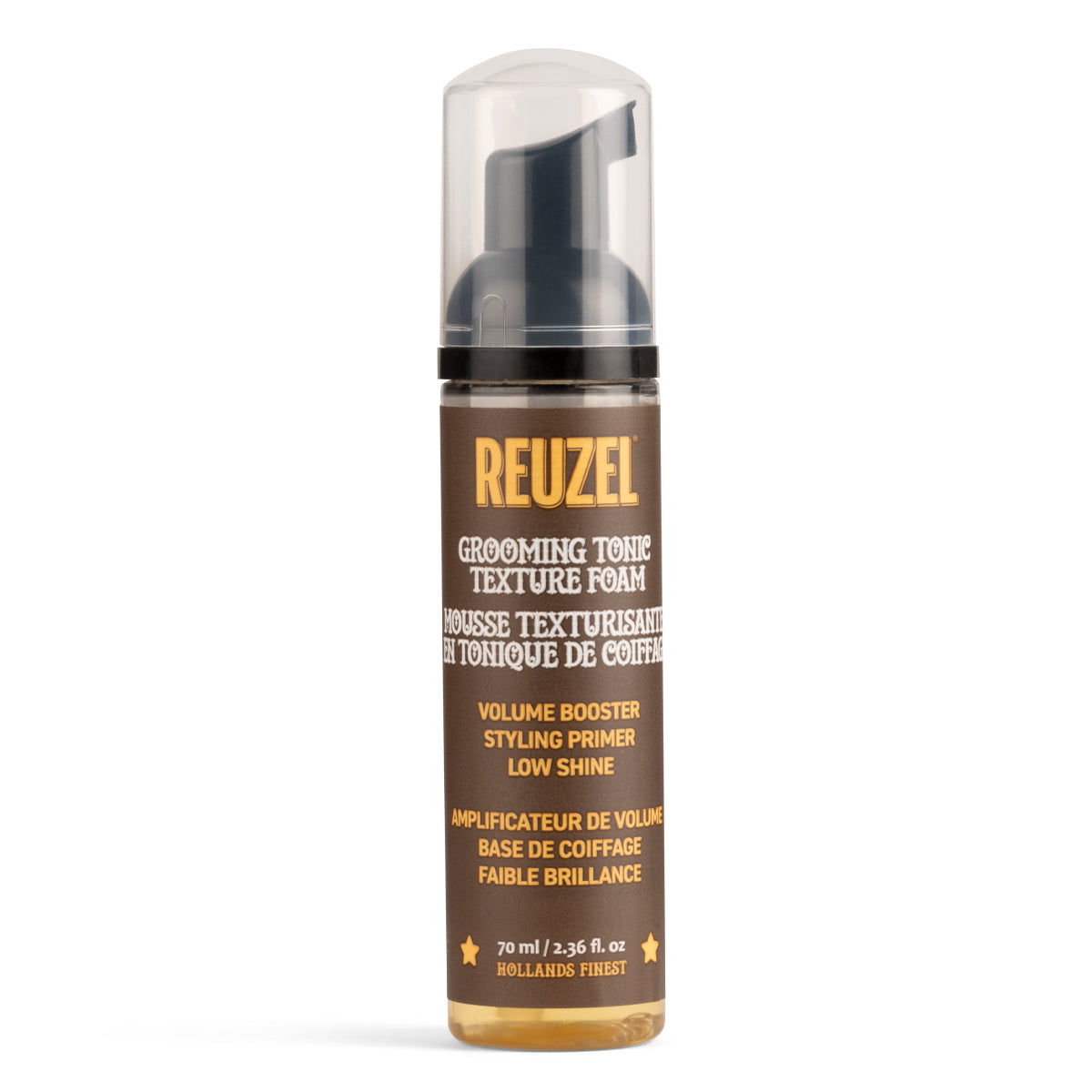 Reuzel Deutschland Grooming Tonic Texture Foam for hair styling, showing the foam product in a clear container with a pump dispenser.
