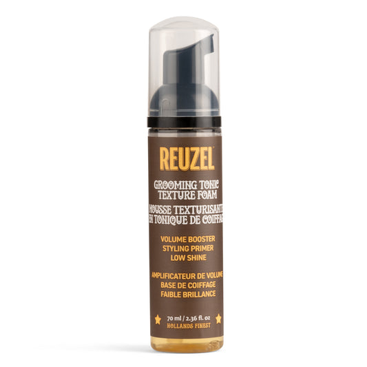 Reuzel Deutschland Grooming Tonic Texture Foam for hair styling, showing the foam product in a clear container with a pump dispenser.