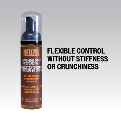 Reuzel Deutschland Grooming Tonic Texture Foam for hair styling, shown in a sleek container with textured foam visible.