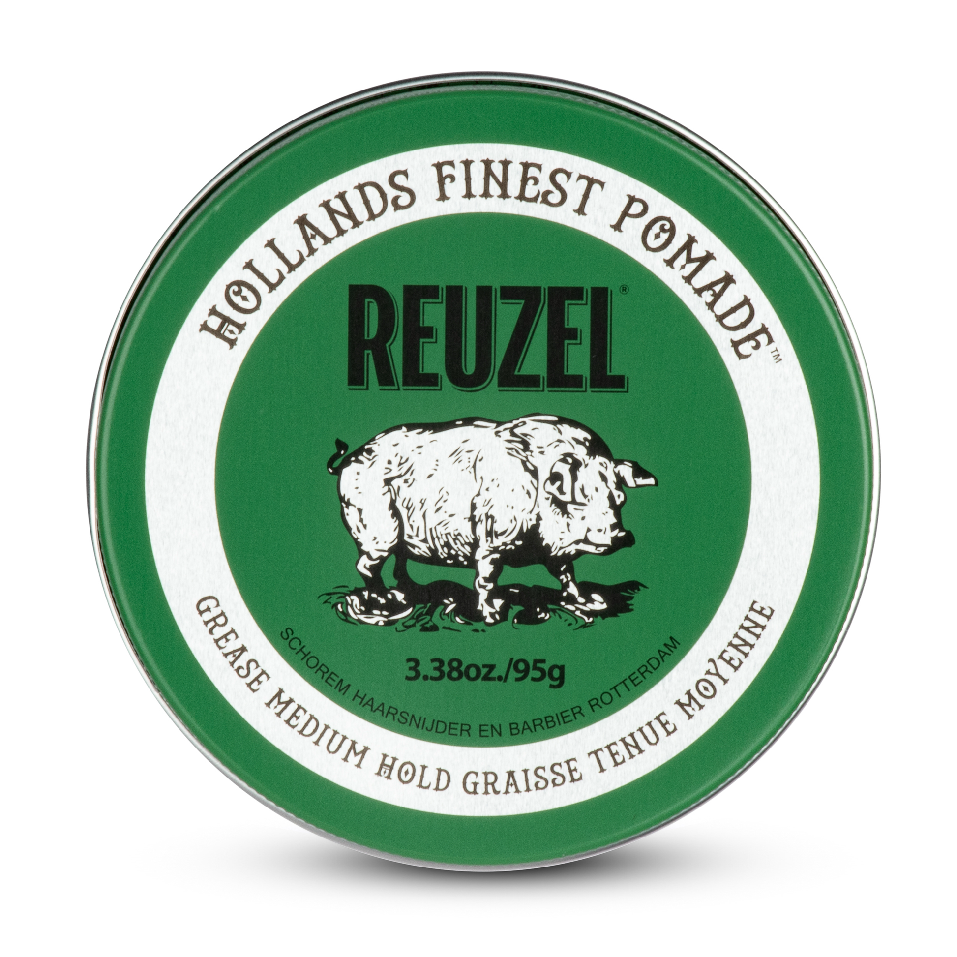 Reuzel Green Pomade jar with green label and lid, showcasing the hair styling product on a white background.