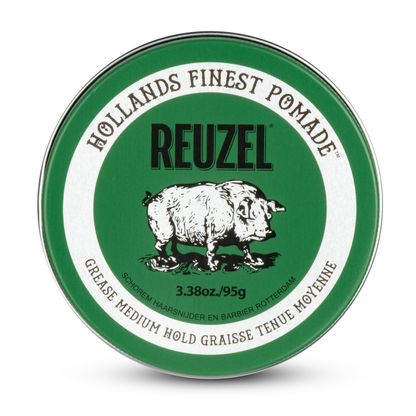 Reuzel Green Pomade jar with green label and lid, showcasing the hair styling product on a white background.