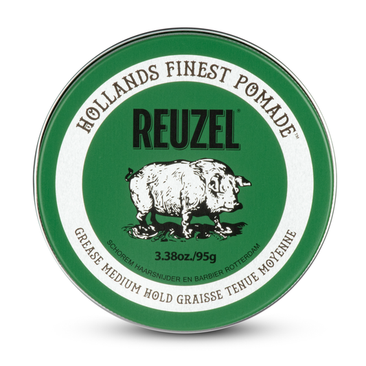 Reuzel Green Pomade jar with green label and lid, showcasing the hair styling product on a white background.