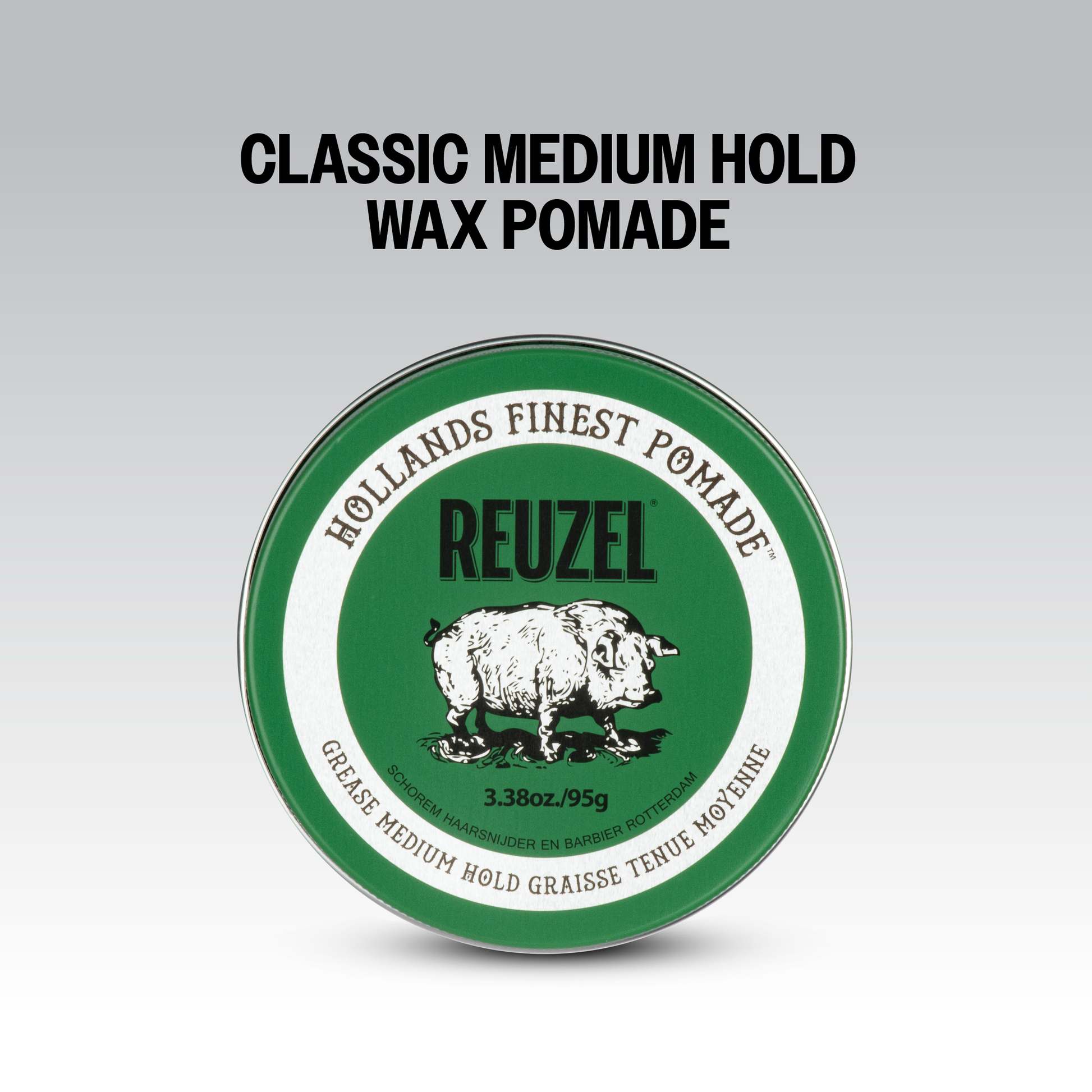 Reuzel Green Pomade jar with green label, showcasing the classic pomade product for hairstyling and grooming.