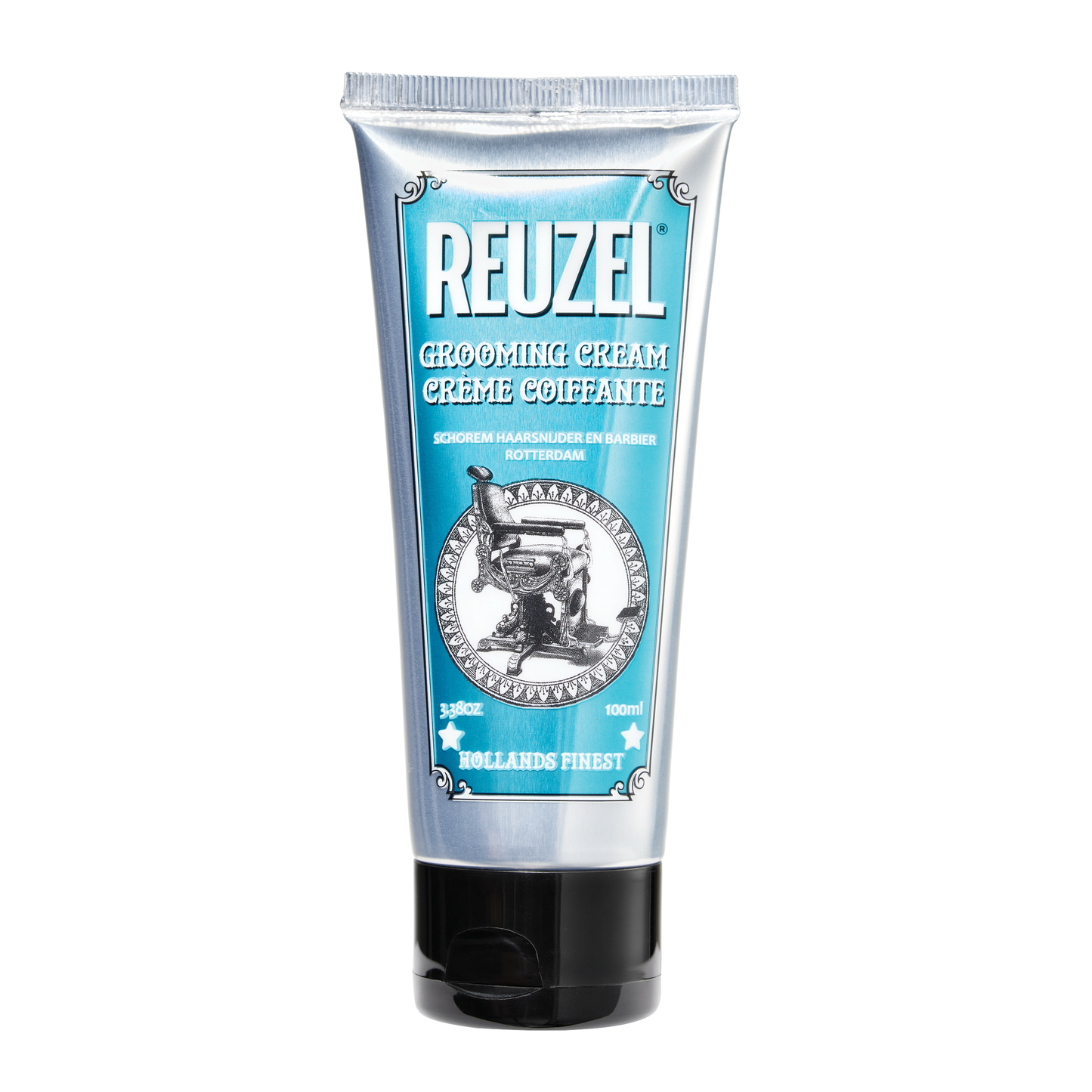 Reuzel Deutschland grooming cream for hair styling, showing a tub of grooming cream with a black lid and label.