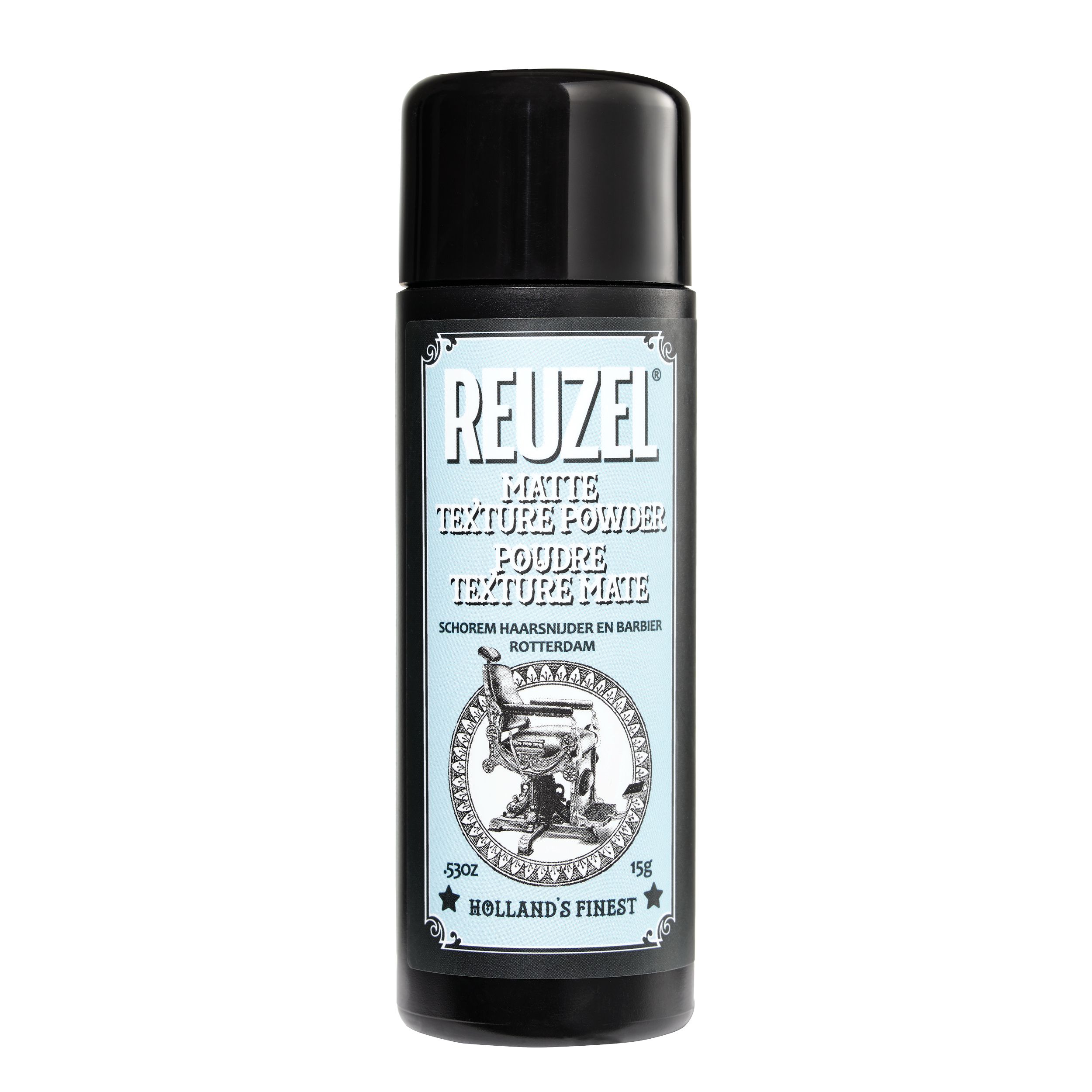 Reuzel Deutschland matte texture powder for hair styling, showing a container with the powder and styling results.
