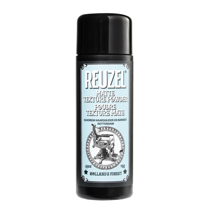Reuzel Deutschland matte texture powder for hair styling, showing a container with the powder and styling results.