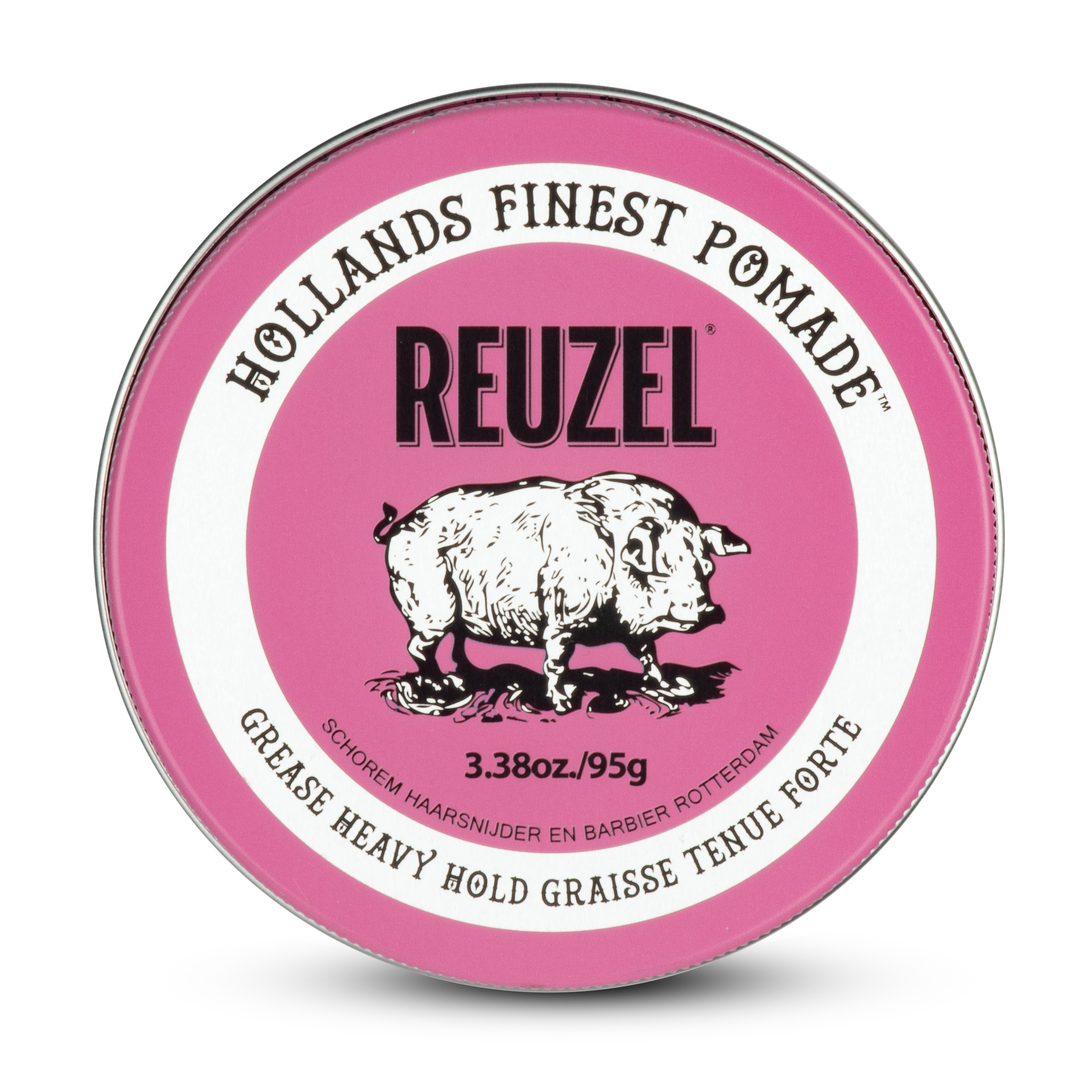 Jar of Reuzel Pink Pomade from Reuzel Deutschland with the pink lid, showcasing the hair styling pomade inside.