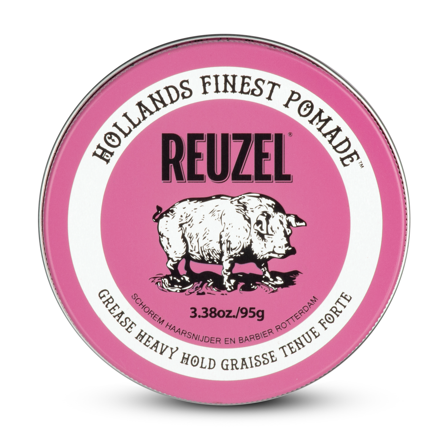 Jar of Reuzel Pink Pomade from Reuzel Deutschland with the pink lid, showcasing the hair styling pomade inside.