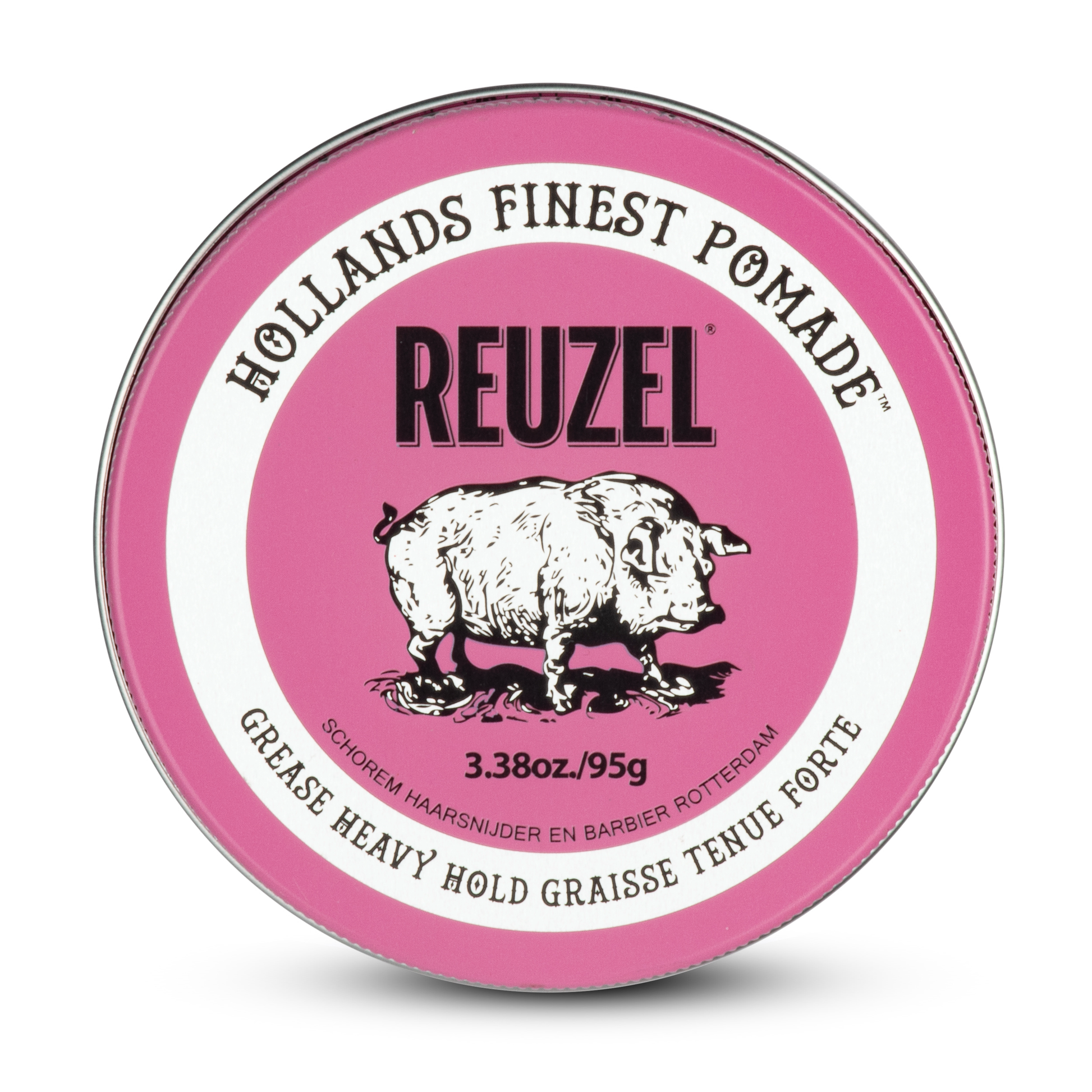 Jar of Reuzel Pink Pomade from Reuzel Deutschland with the pink lid, showcasing the hair styling pomade inside.