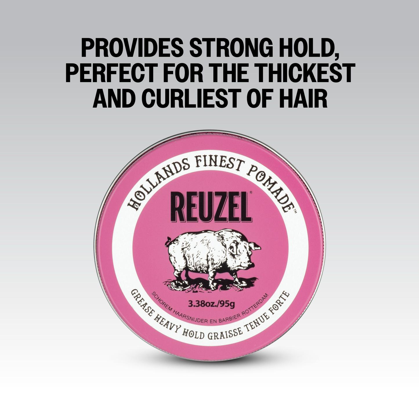 Reuzel Pink Pomade jar with pink label and metal lid, ideal for styling hair with a shiny, flexible finish.
