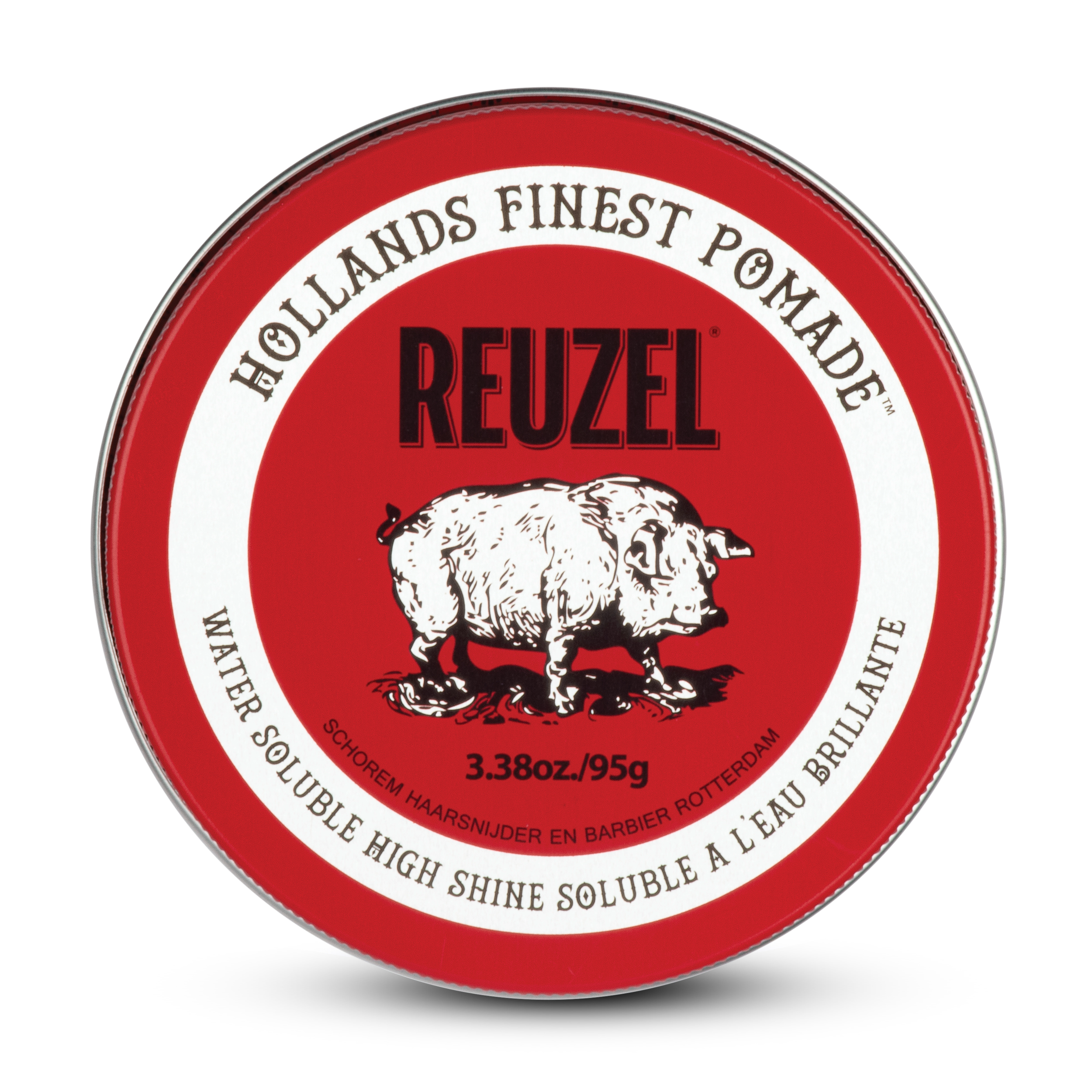Reuzel Deutschland Red Pomade jar with red lid and label, showcasing the classic styling product for hair grooming.