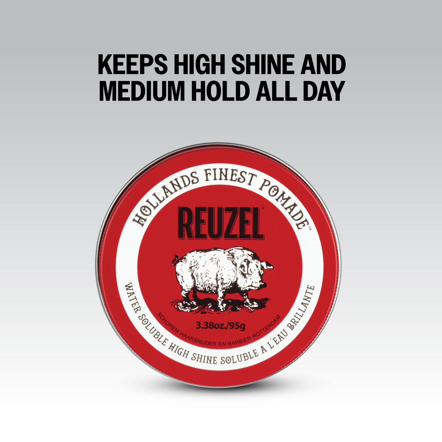 Reuzel Deutschland Red Pomade jar with bright red label and silver lid, showcasing the hair styling product on a plain background.