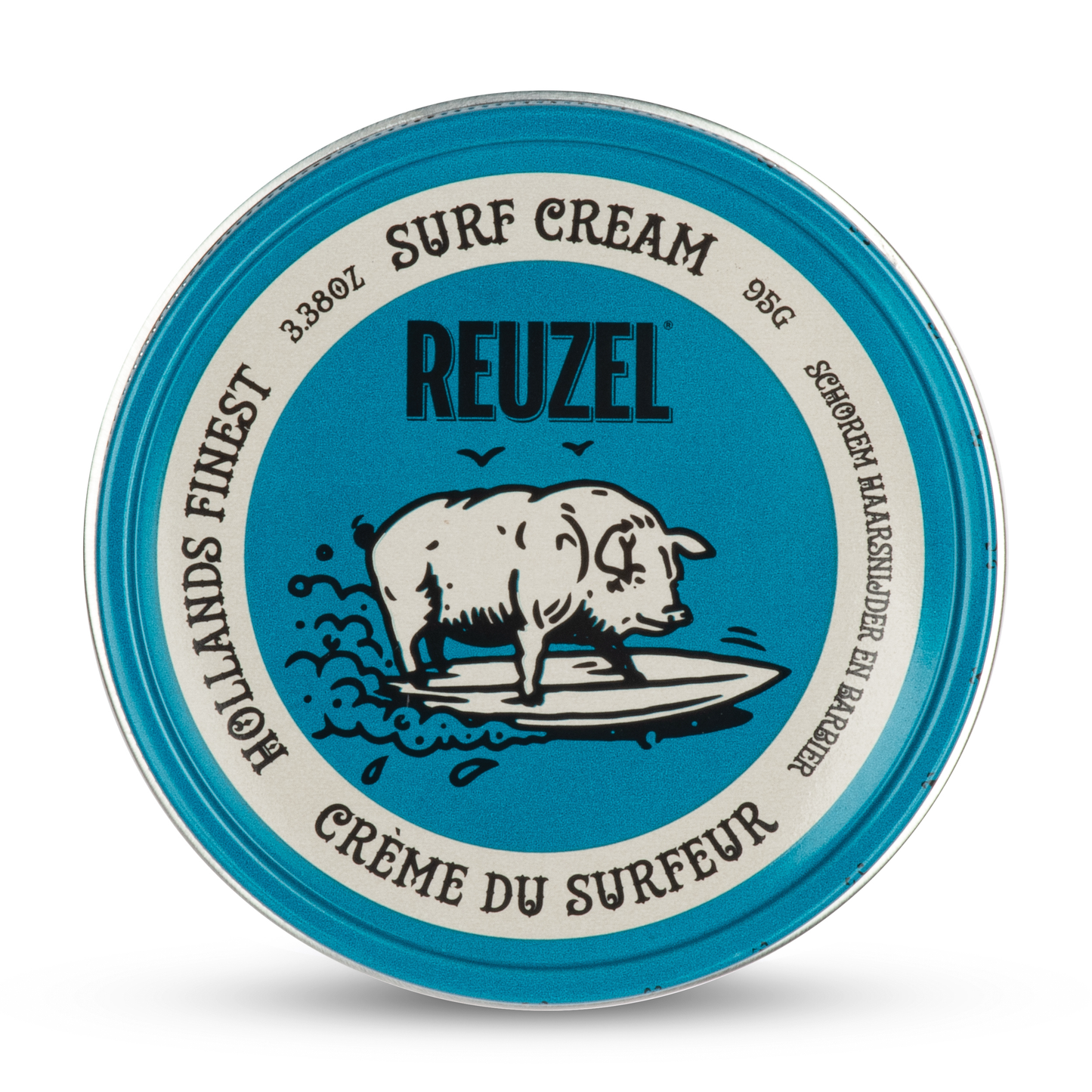 Reuzel Deutschland Surf Cream pomade jar with a black lid and label, designed for beachy, textured hairstyles.