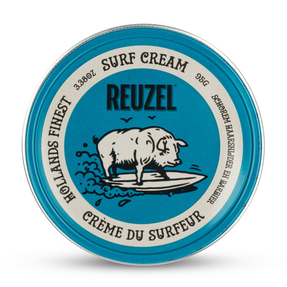 Reuzel Deutschland Surf Cream pomade jar with a black lid and label, designed for beachy, textured hairstyles.