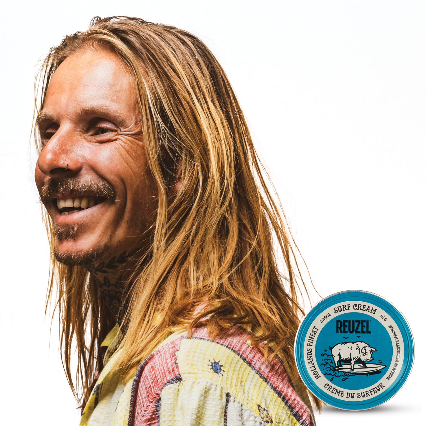 Reuzel Deutschland Surf Cream pomade in a jar, showcasing shiny, textured hair styled with the surf-inspired hair product.