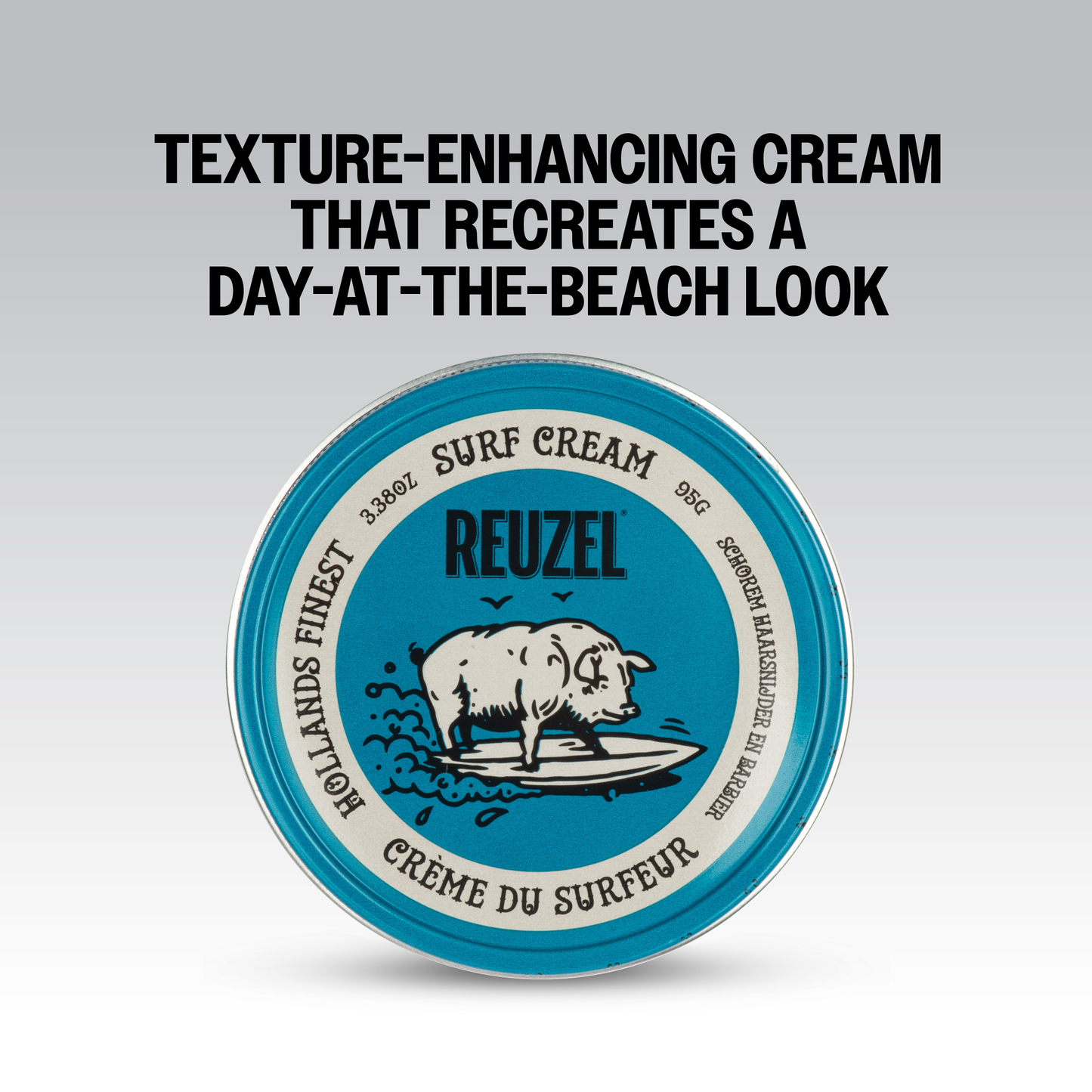 Reuzel Deutschland Surf Cream pomade in a jar, showing the product label and creamy texture suitable for styling hair.
