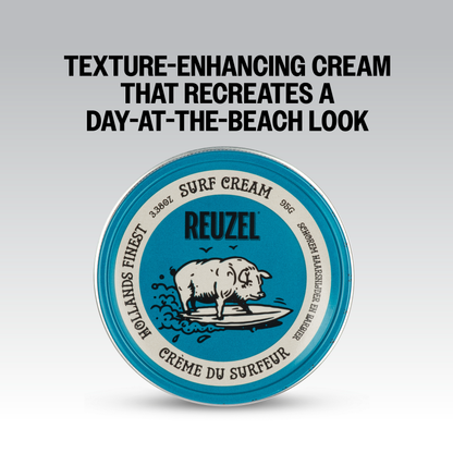 Reuzel Deutschland Surf Cream pomade in a jar, showing the product label and creamy texture suitable for styling hair.
