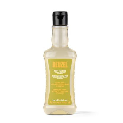 Reuzel Deutschland 3-in-1 tea tree shampoo, conditioner, and body wash bottle with label and pump dispenser.