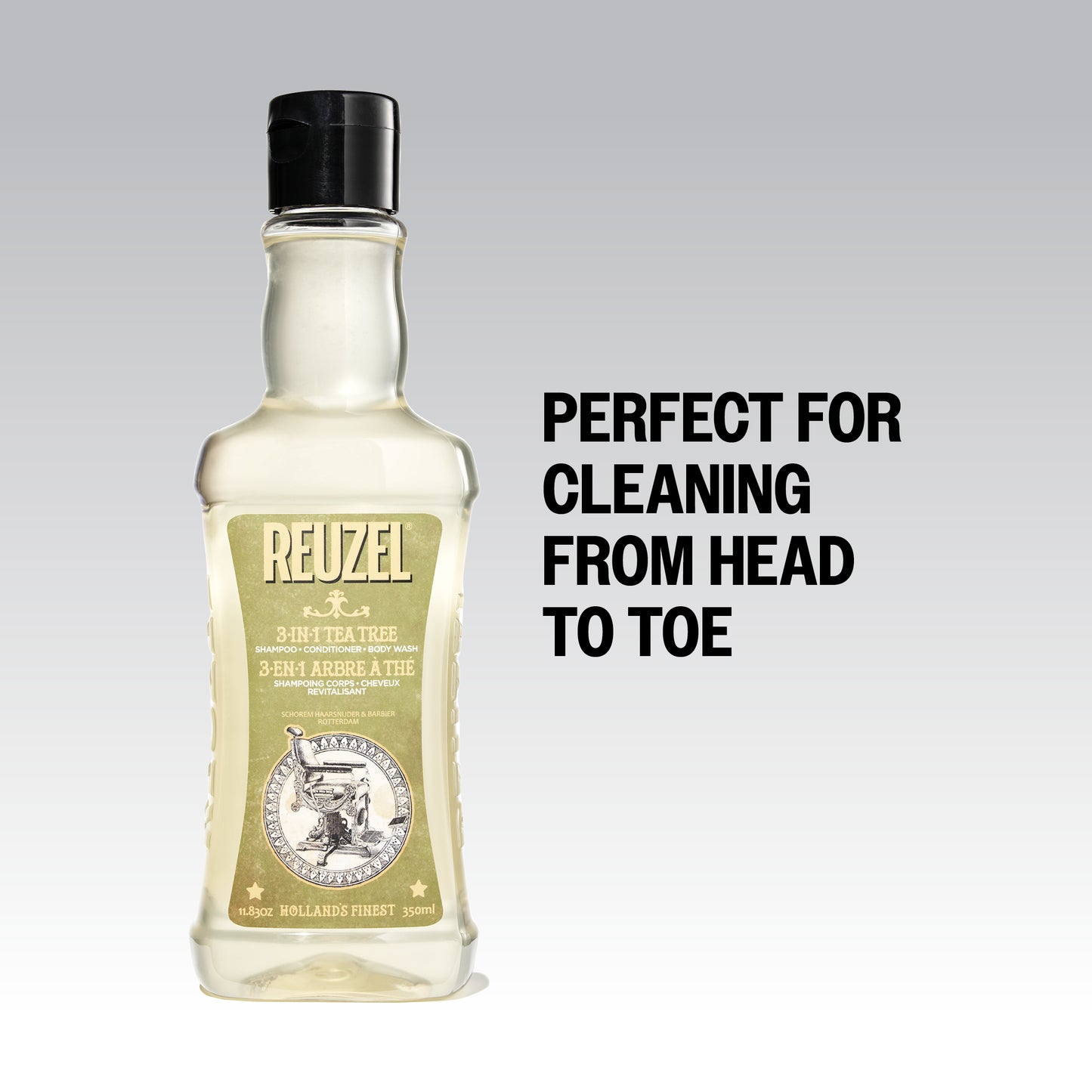 Reuzel Deutschland 3-in-1 Tea Tree Shampoo, Conditioner, and Body Wash bottle with label and pump dispenser.