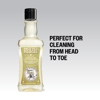 Reuzel Deutschland 3-in-1 Tea Tree Shampoo, Conditioner, and Body Wash bottle with label and pump dispenser.