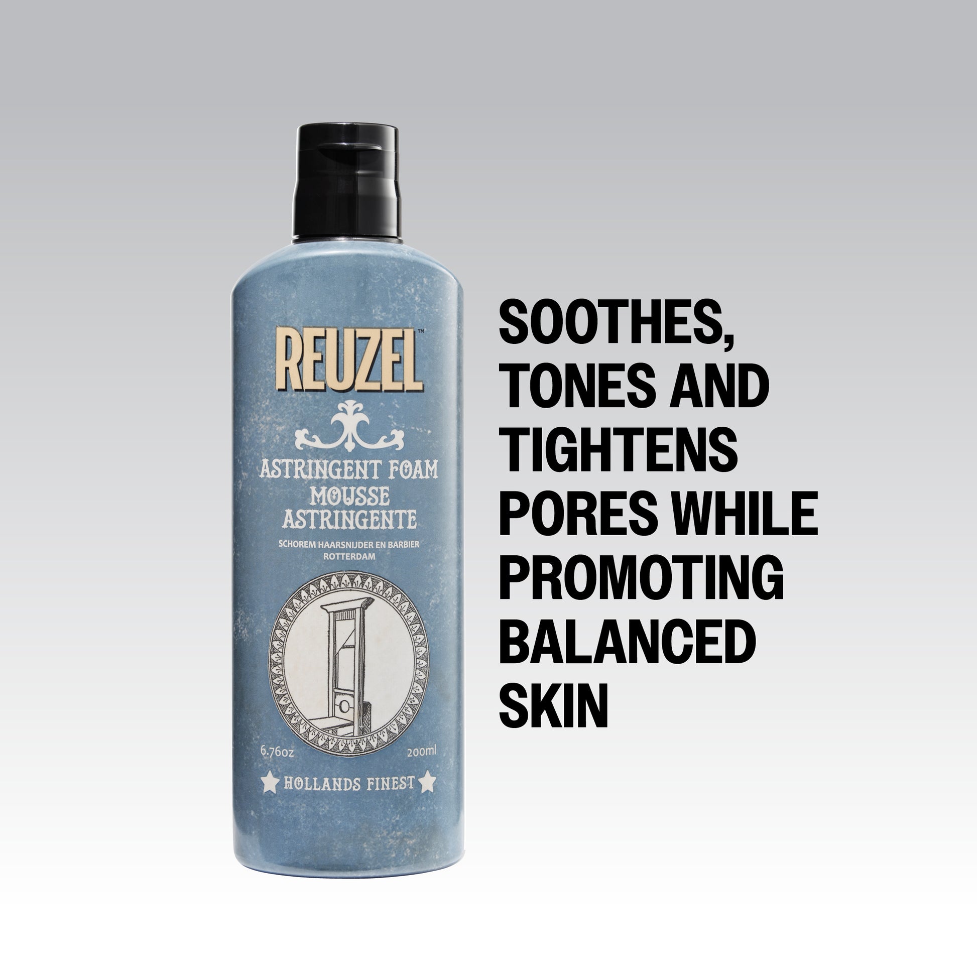 Reuzel Deutschland beard astringent foam in a clear pump bottle, with foam visible, designed for beard skincare and cleansing.