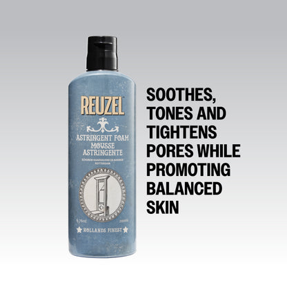 Reuzel Deutschland beard astringent foam in a clear pump bottle, with foam visible, designed for beard skincare and cleansing.