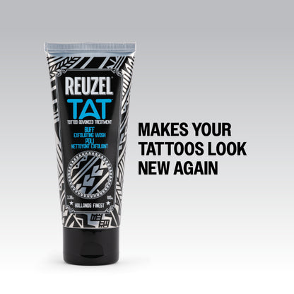 Reuzel Deutschland Buff Exfoliating Wash for tattoo aftercare, showing a clear bottle with label and textured product inside.