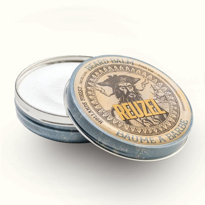 Reuzel Deutschland beard balm jar with black lid and label, showcasing grooming product for beard care and styling.
