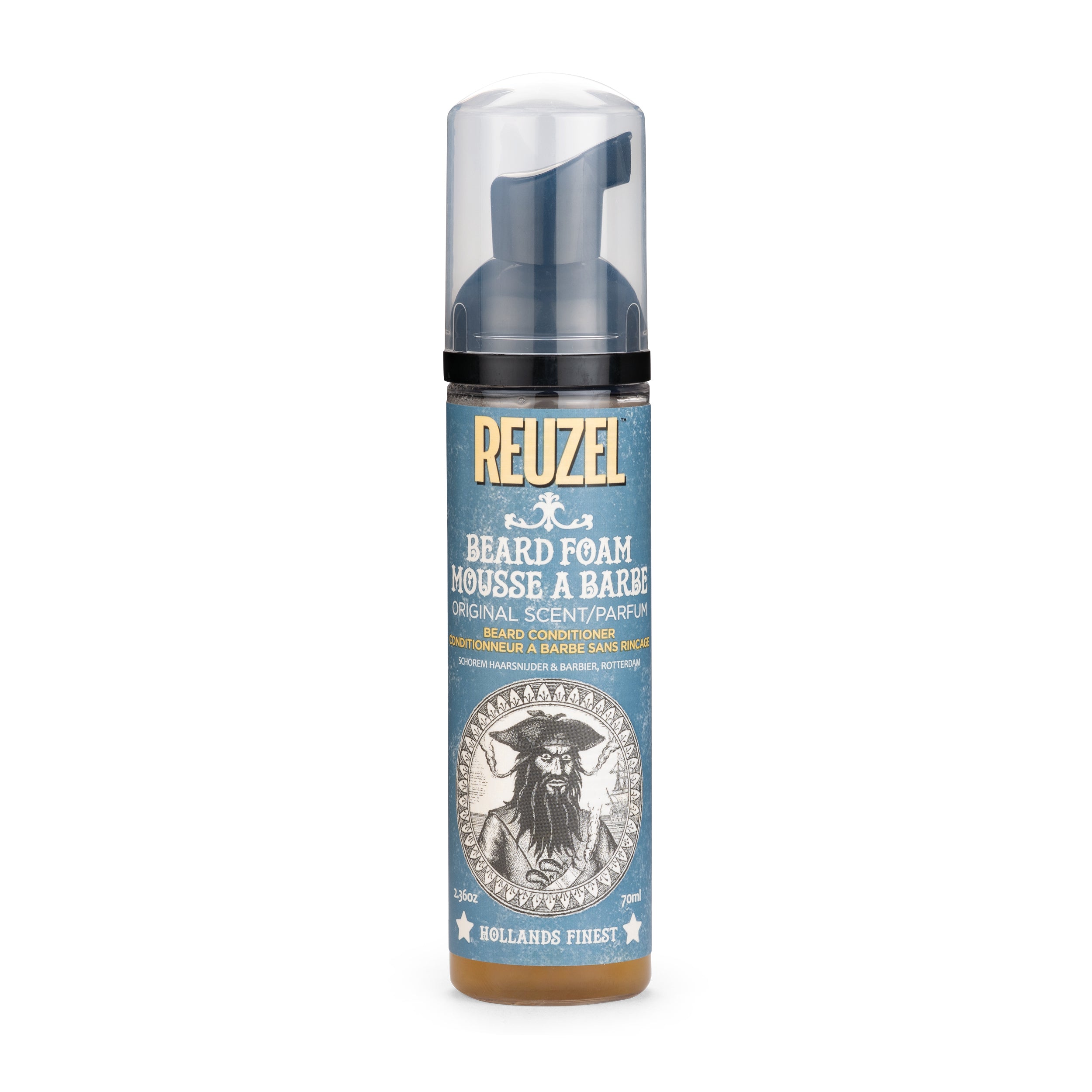Reuzel Deutschland beard foam in a bottle with a pump dispenser, designed for grooming and softening men's beards.