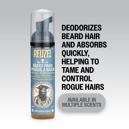 Reuzel Deutschland beard foam in a pump bottle, designed for grooming and softening men's facial hair.