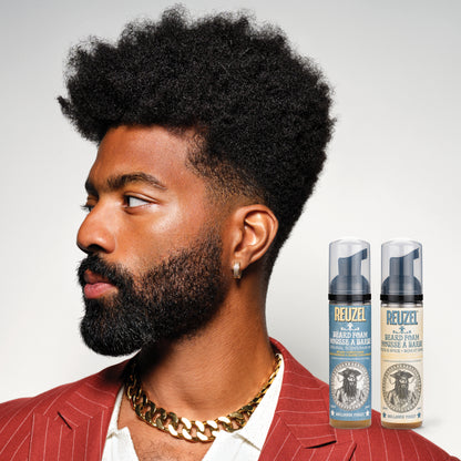 Reuzel Deutschland beard foam in a container, designed for grooming beards with a lightweight, nourishing formula.