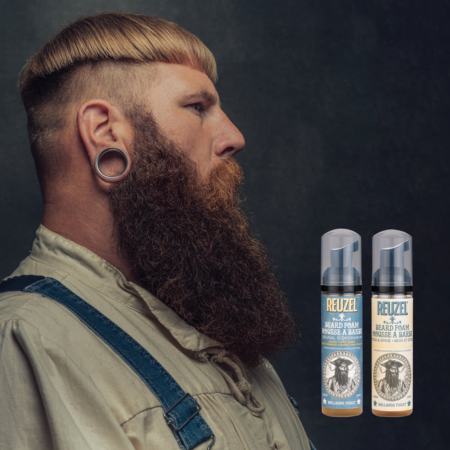 Reuzel Deutschland Beard Foam in a bottle, designed for grooming and conditioning men's beards with natural ingredients.