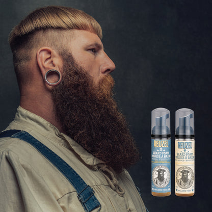 Reuzel Deutschland Beard Foam in a bottle, designed for grooming and conditioning men's beards with natural ingredients.