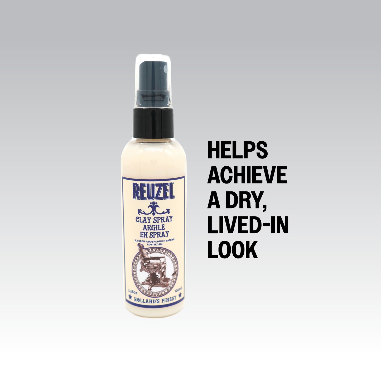 Reuzel Clay Spray hair styling product in a spray bottle, designed for textured, matte finish hair styling.