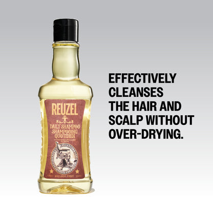 Reuzel Deutschland Daily Shampoo bottle with white label and black cap, shown on a neutral background.